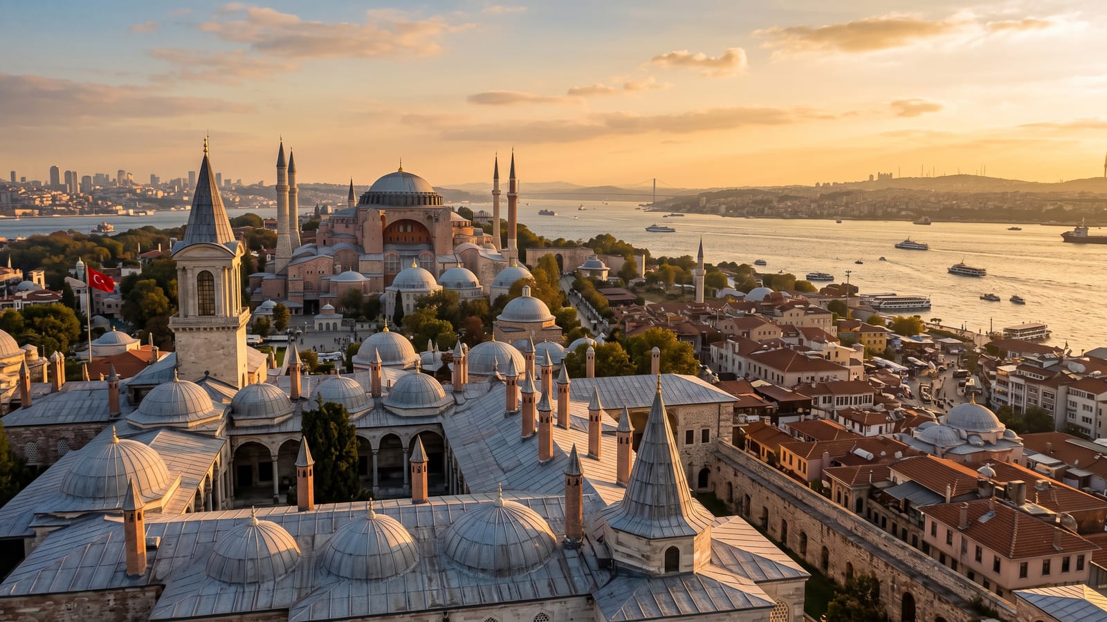 View over Sultanahmet with Topkapı Palace rooftops in the foreground and Hagia Sophia beyond