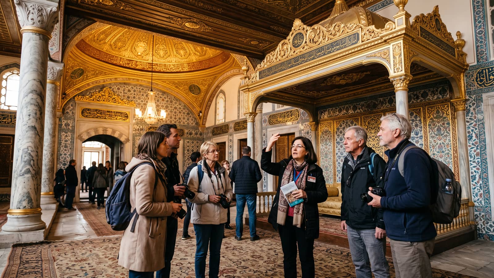 Small tour group listening to a guide beneath the gilded canopy of a Topkapı Palace pavilion