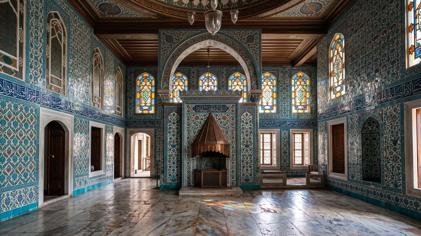 Iznik-tiled hall inside the Topkapı Palace Harem with turquoise and cobalt tilework and stained glass